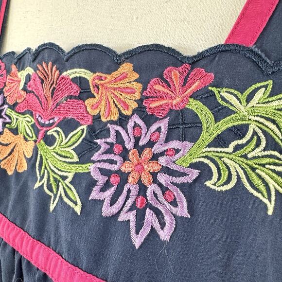 Go Softly Embroidered Floral Navy Blue Pink Patio Dress Size Lage Muumuu Caftan - Picture 4 of 13